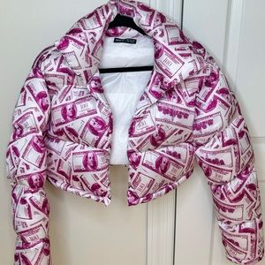 Cropped puffer jacket money print SHEIN size small, or us 4